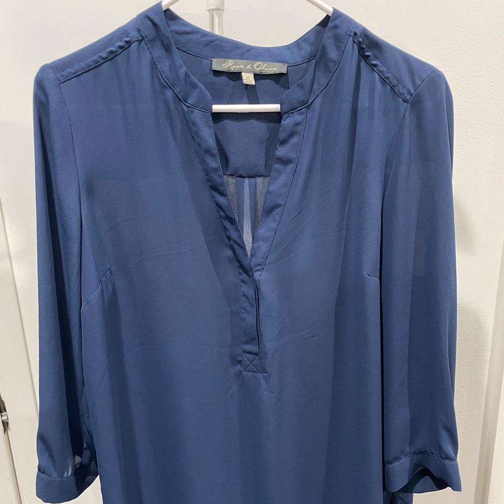Navy Blue V Neck Mid Sleeve Blouse